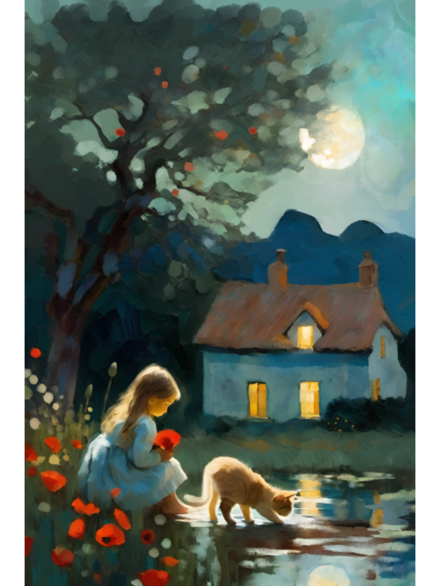 Impressionistic art of a girl in a blue dress and a calico cat on a moonlit path near a cottage with glowing windows at night.
