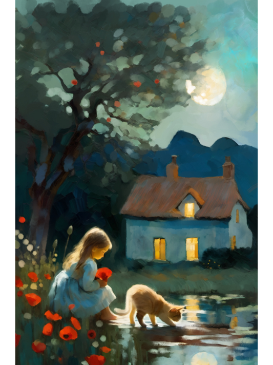 Impressionistic art of a girl in a blue dress and a calico cat on a moonlit path near a cottage with glowing windows at night.