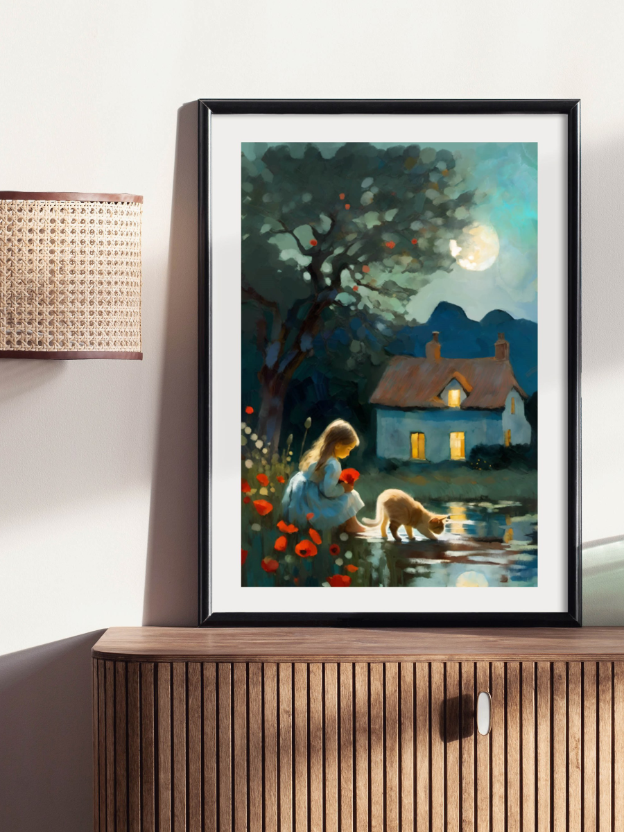 Framed artwork mockup of an Impressionistic art of a girl in a blue dress and a calico cat on a moonlit path near a cottage with glowing windows at night.