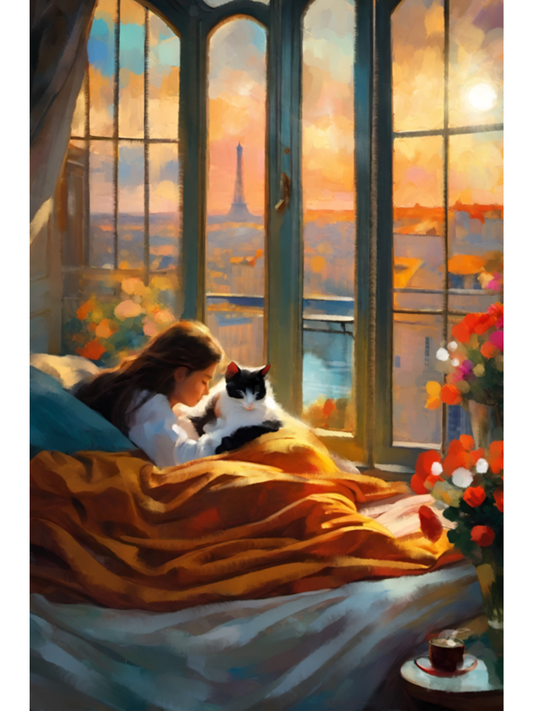 Whimsical art of a girl and tuxedo cat on a bed by a window overlooking the Eiffel Tower during a golden Parisian sunrise.