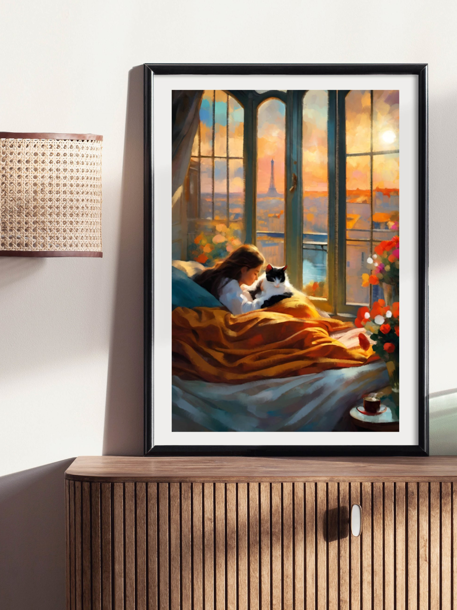Framed artwork of Whimsical art of a girl and tuxedo cat on a bed by a window overlooking the Eiffel Tower during a golden Parisian sunrise.