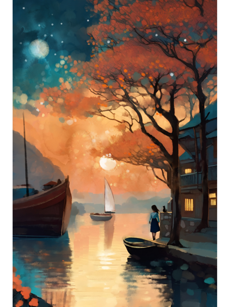 Painterly harbor scene at twilight with a golden sunset, starry night sky, sailboats, and a girl on a dock under an orange tree.