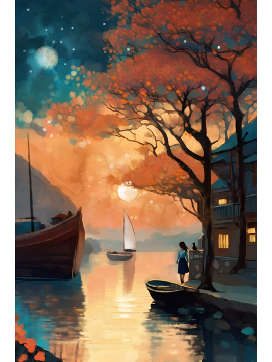 Painterly harbor scene at twilight with a golden sunset, starry night sky, sailboats, and a girl on a dock under an orange tree.