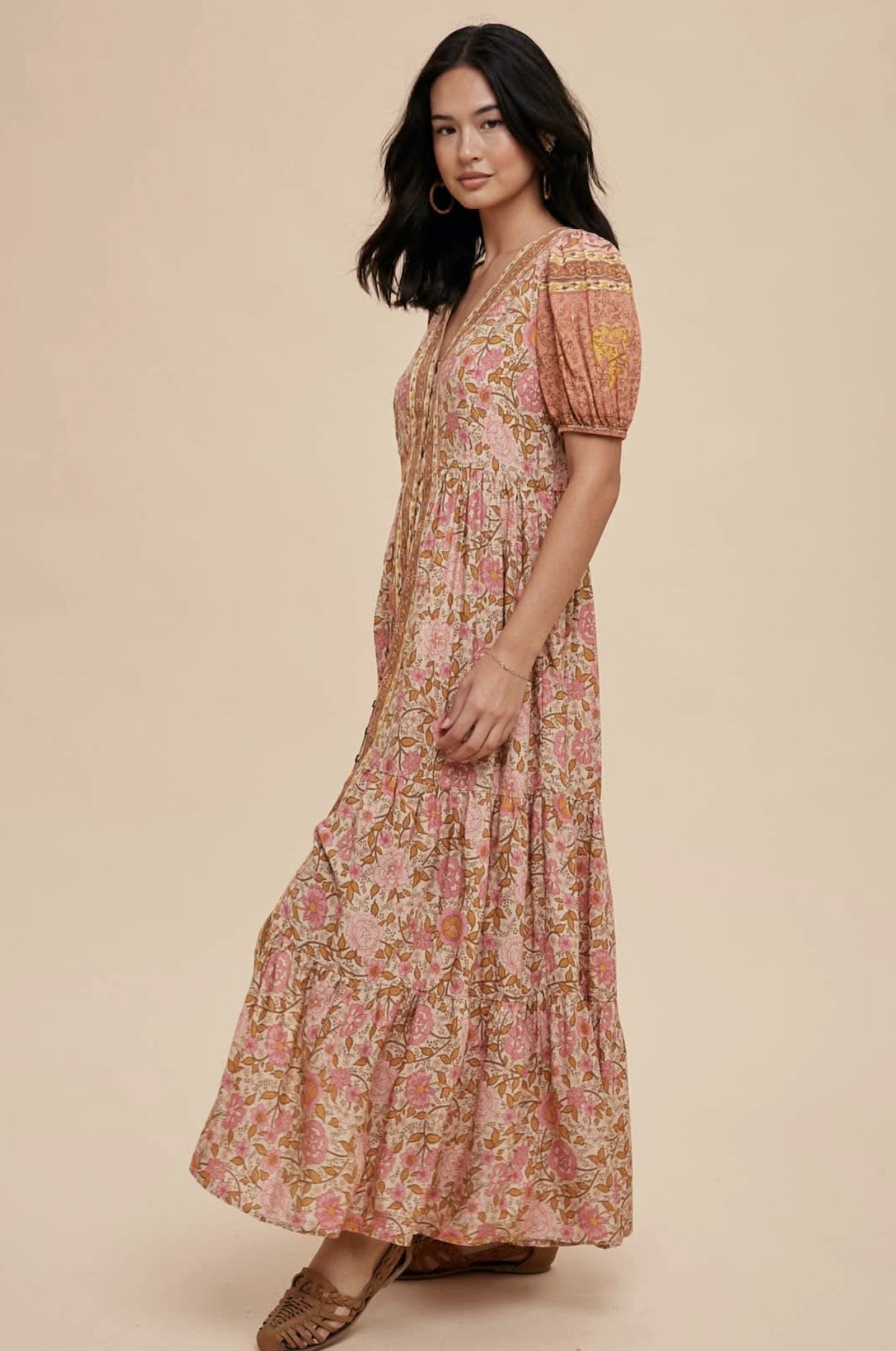 Dusty Rose Border Print Button Down Maxi Dress - By In Loom®