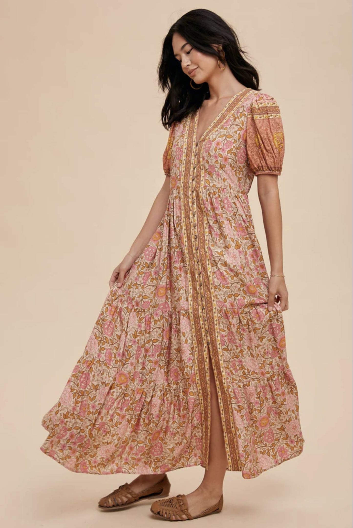 Dusty Rose Border Print Button Down Maxi Dress - By In Loom®