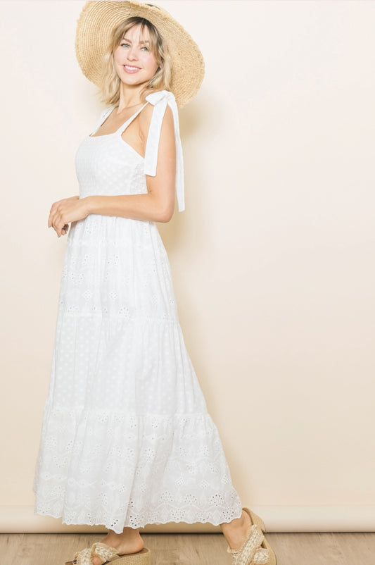 Embroidered Eyelet White Lace Maxi Dress with Lining - by Elloh Collection®
