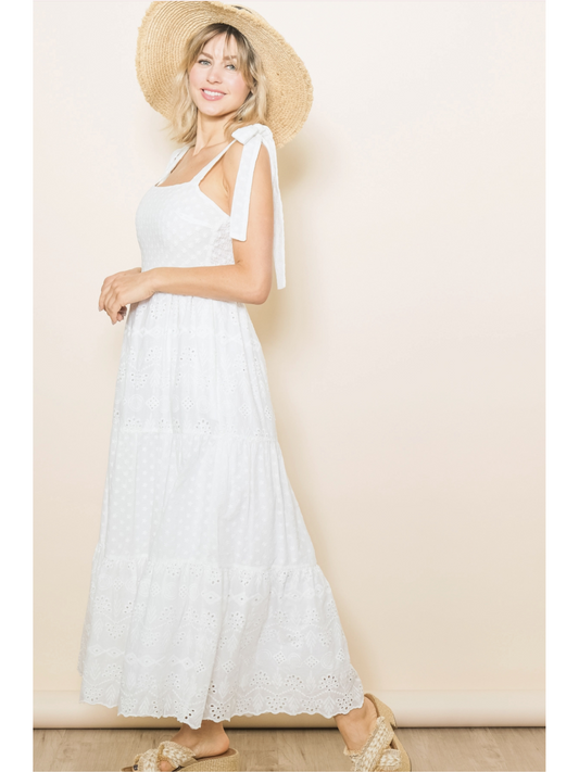 Embroidered Eyelet White Lace Maxi Dress with Lining - by Elloh Collection®