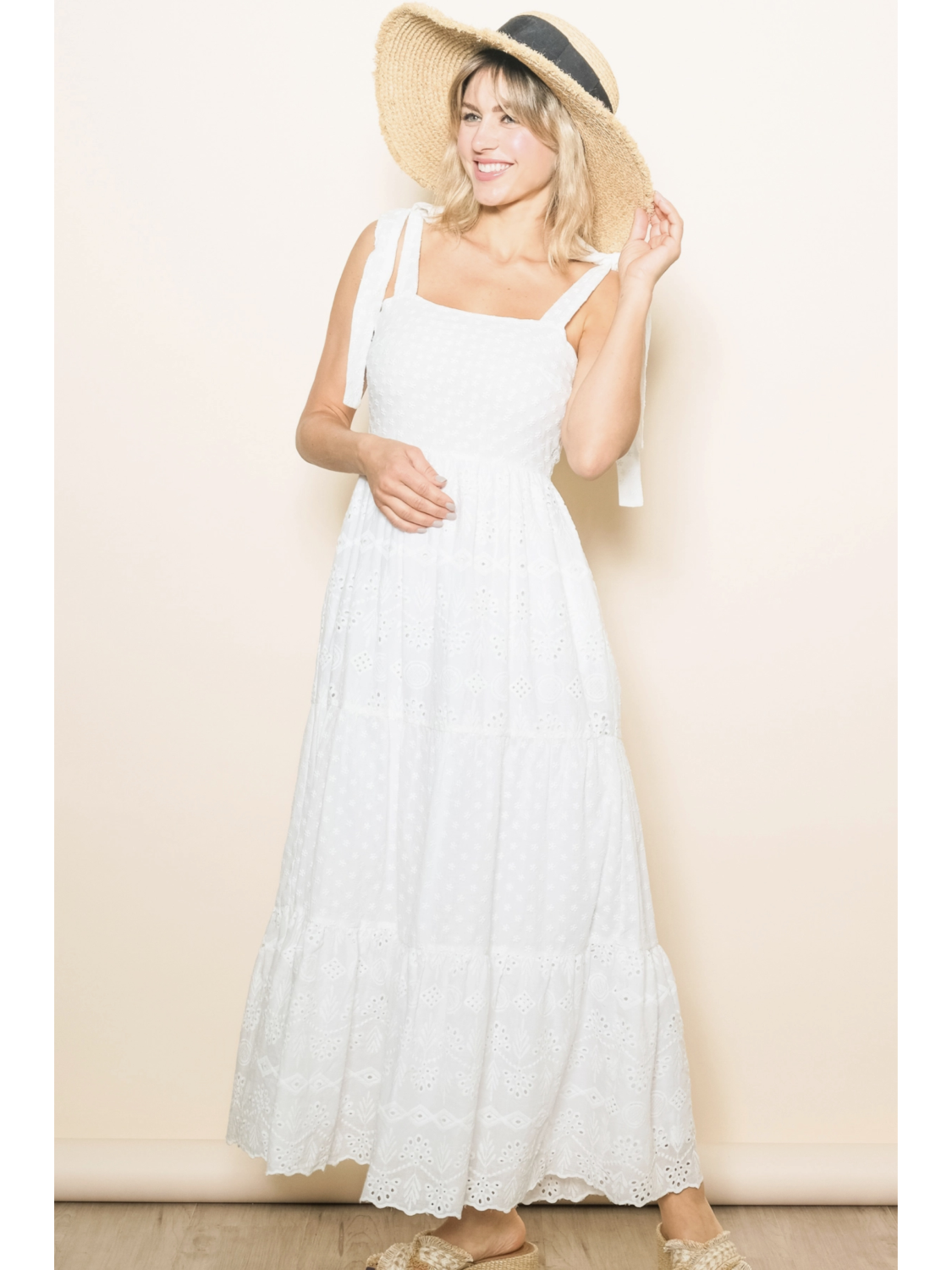Embroidered Eyelet White Lace Maxi Dress with Lining - by Elloh Collection®