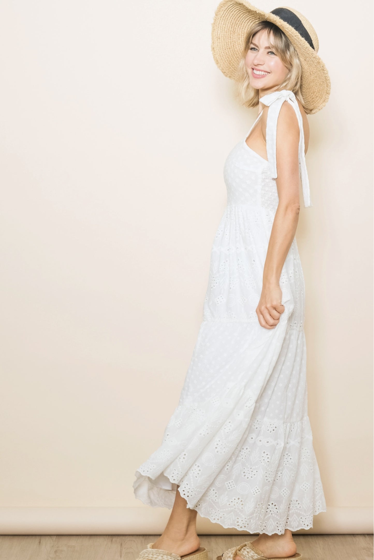 Embroidered Eyelet White Lace Maxi Dress with Lining - by Elloh Collection®