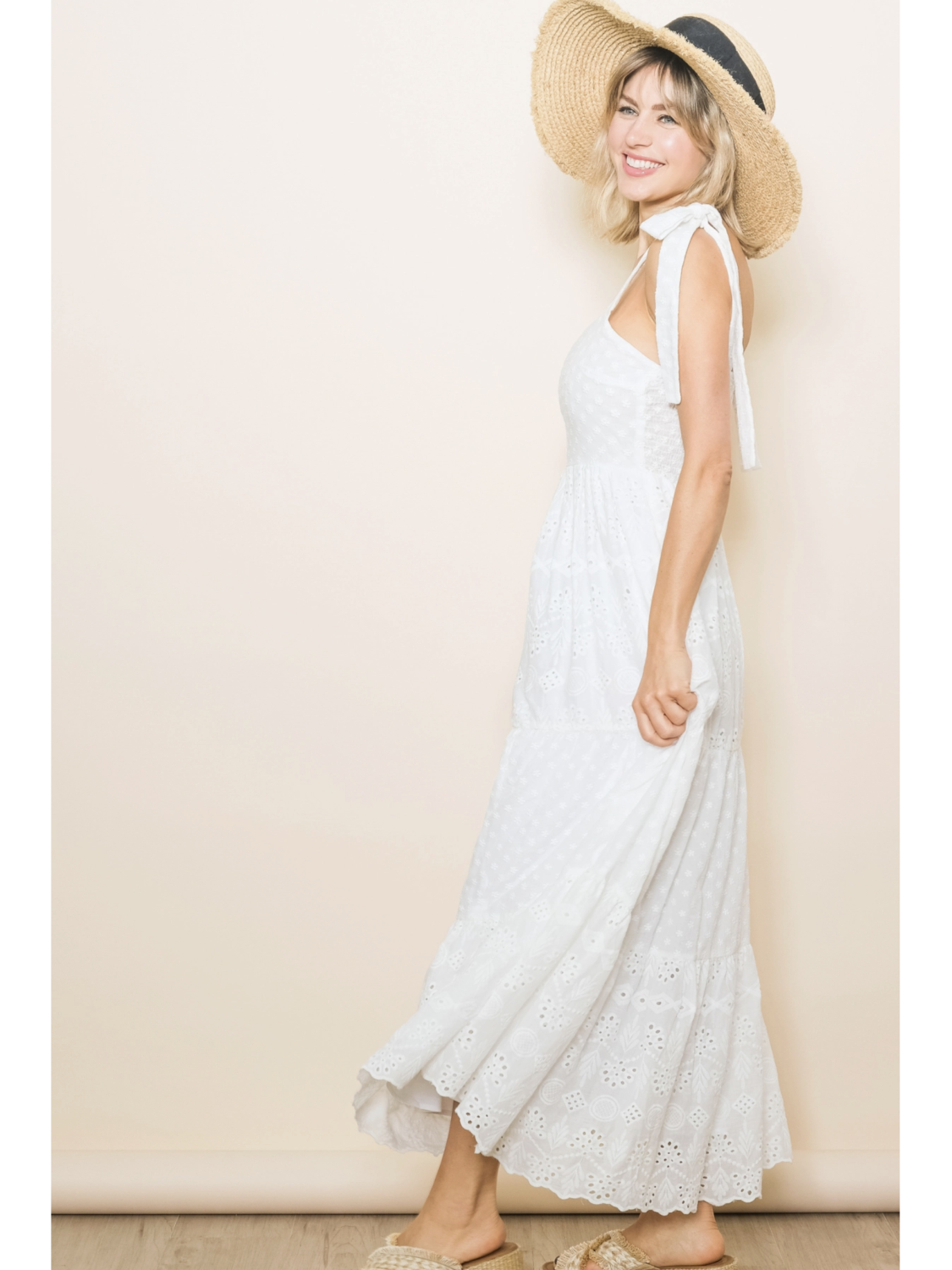 Embroidered Eyelet White Lace Maxi Dress with Lining - by Elloh Collection®