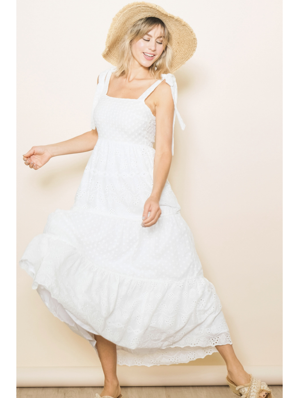 Embroidered Eyelet White Lace Maxi Dress with Lining - by Elloh Collection®