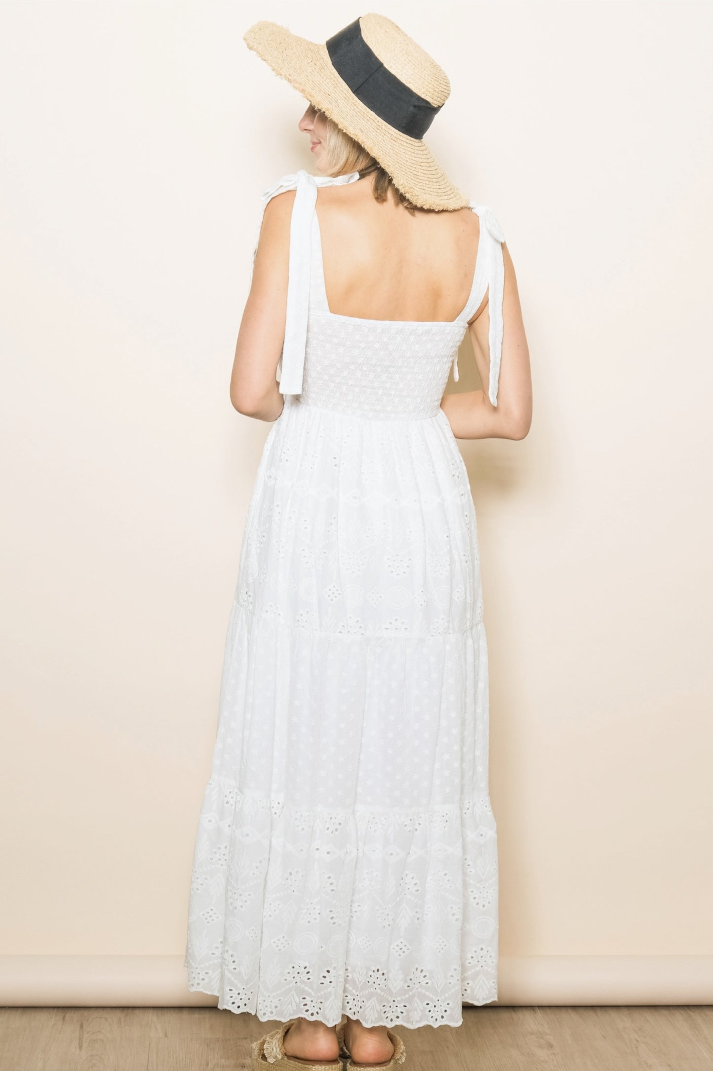 Embroidered Eyelet White Lace Maxi Dress with Lining - by Elloh Collection®