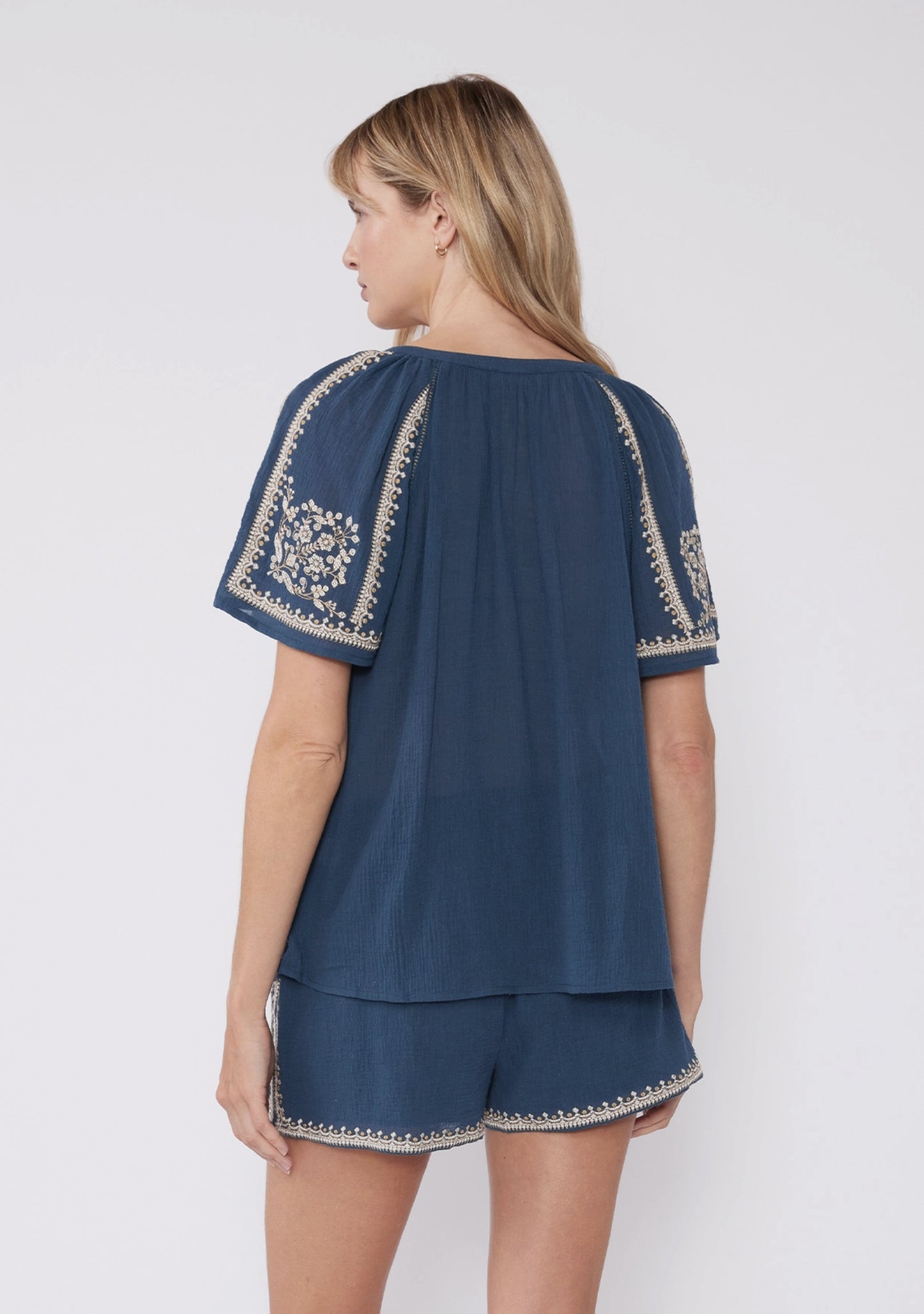 Embroidered Raglan Short Sleeve Split Neck Top - by Lovestitch® (Teal Color)