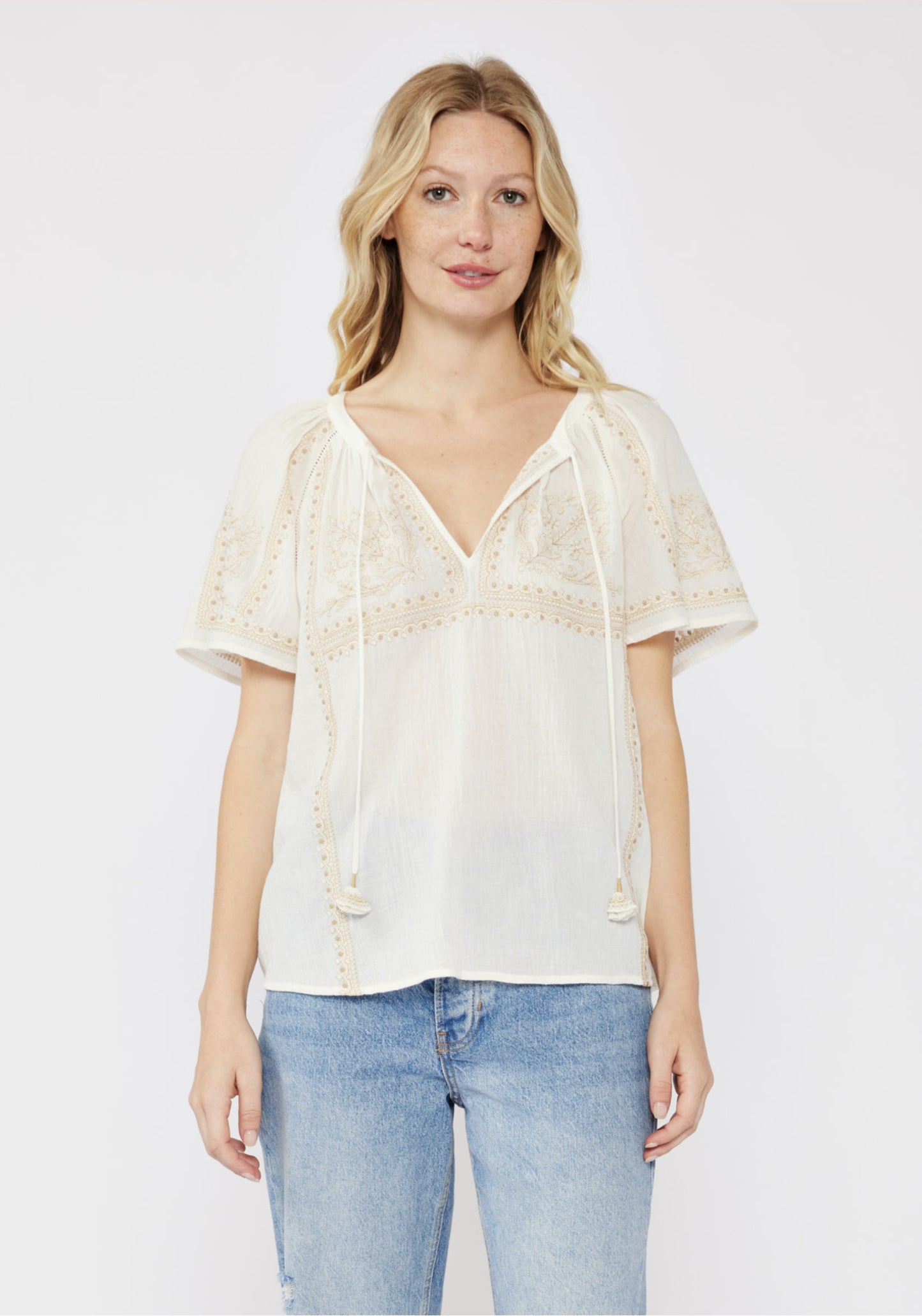 Embroidered Raglan Short Sleeve Split Neck Top - by Lovestitch®