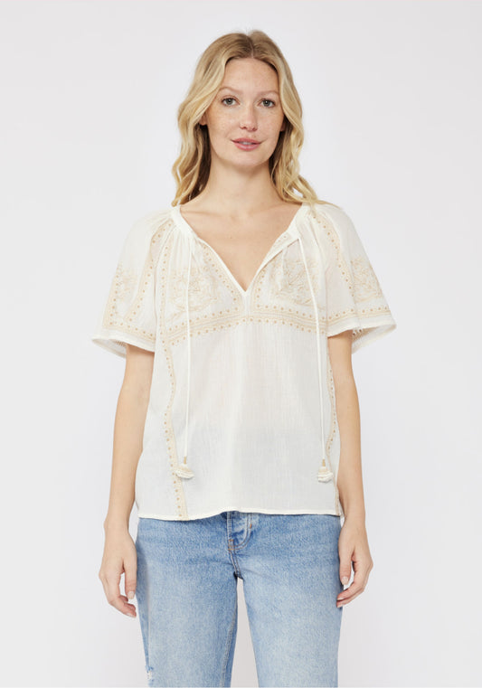 Embroidered Raglan Short Sleeve Split Neck Top - by Lovestitch®