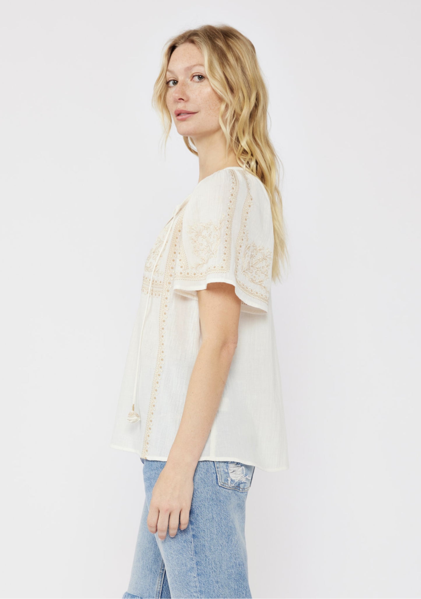 Embroidered Raglan Short Sleeve Split Neck Top - by Lovestitch®