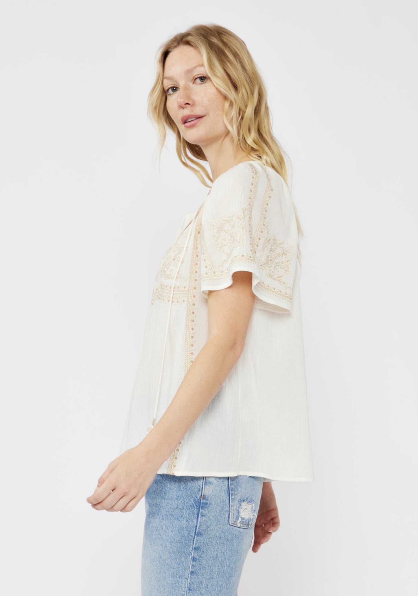 Embroidered Raglan Short Sleeve Split Neck Top - by Lovestitch®