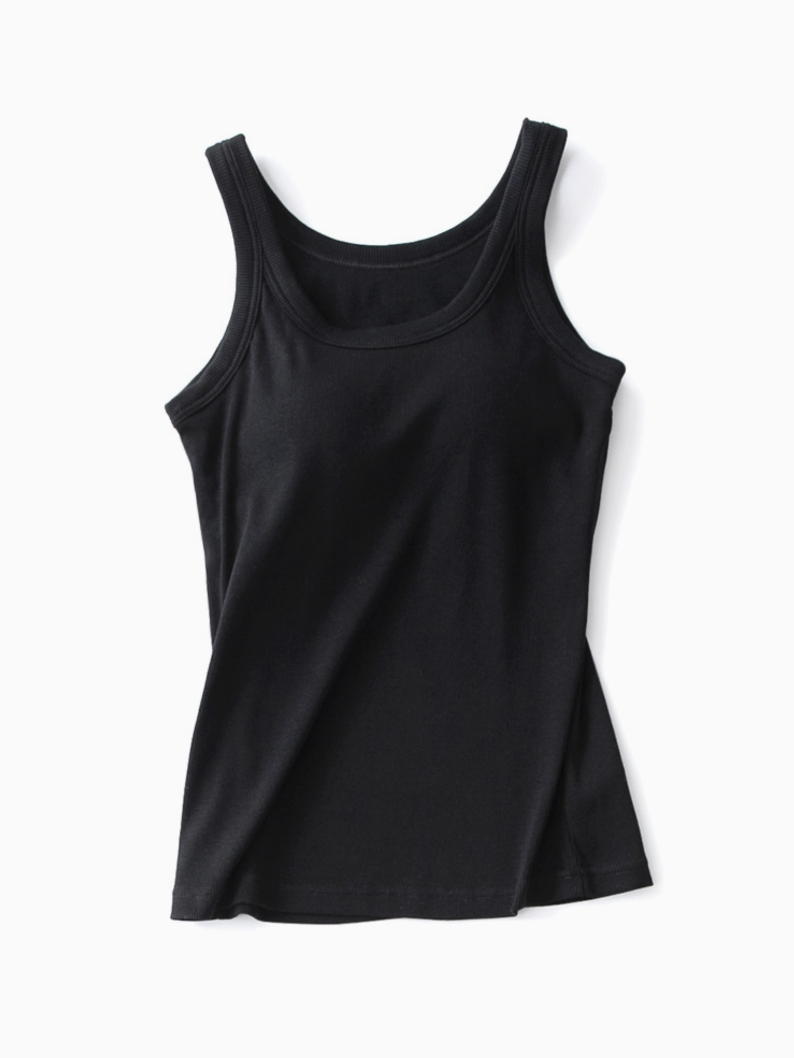 Flat lay of a black ribbed tank top with a scoop neckline and an integrated built-in bra for comfortable daily wear.