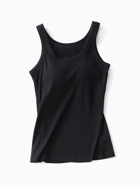 Flat lay of a black ribbed tank top with a scoop neckline and an integrated built-in bra for comfortable daily wear.