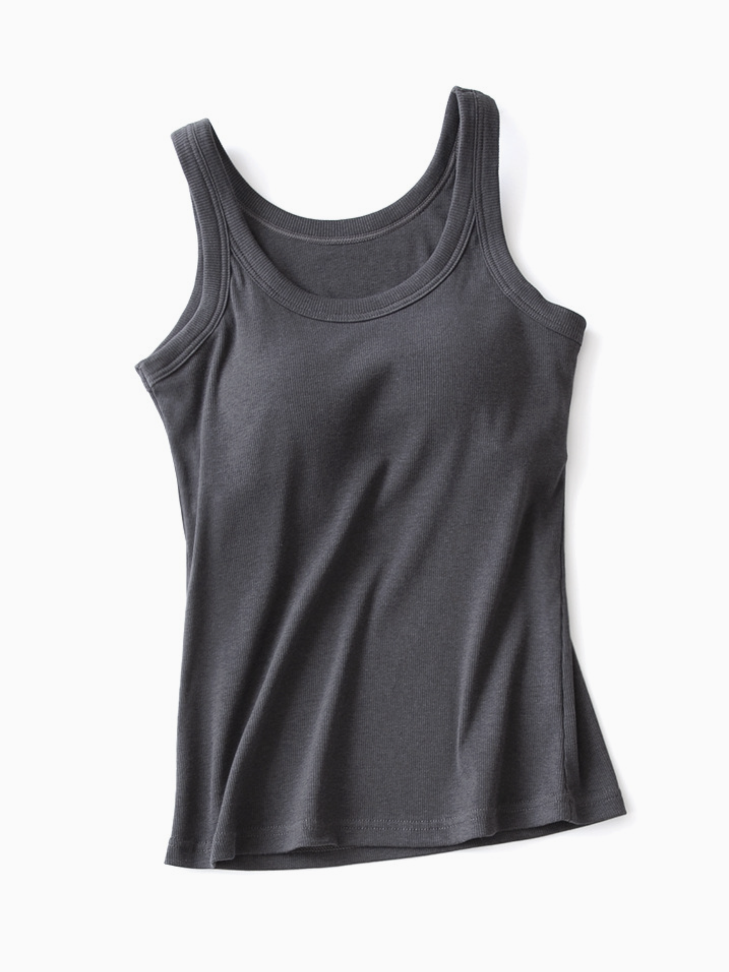 Flat lay of a dark gray ribbed tank top with a scoop neckline and an integrated built-in bra for comfortable daily wear.