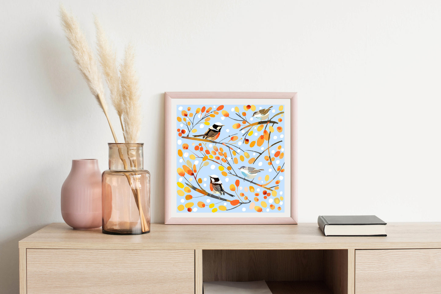 Fall Birdies Blue - Illustrated Print by Thomas Little