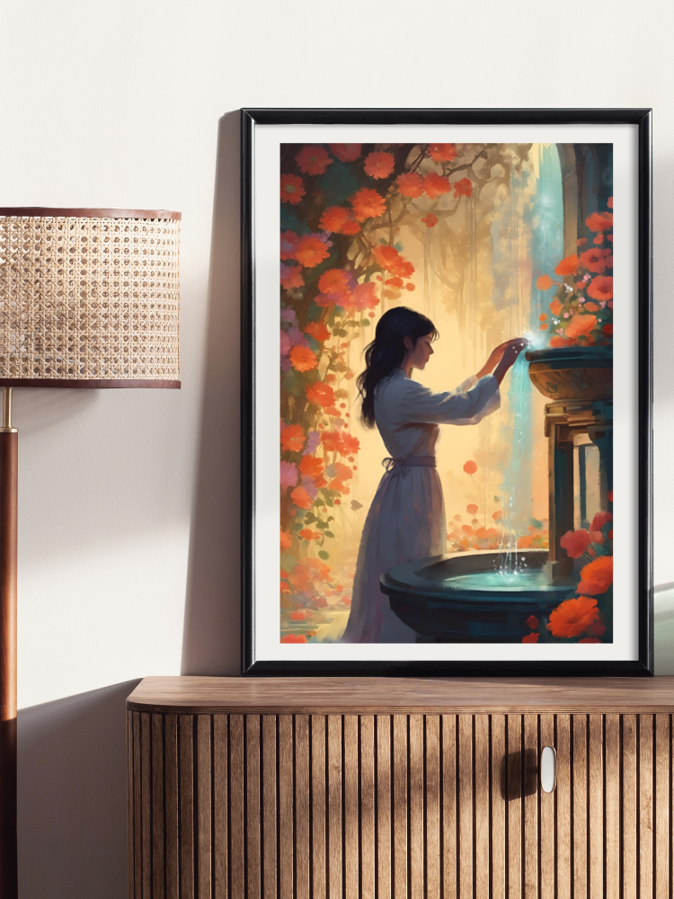 Framed sample of a Whimsical painting of a creative figure in a state of flow with artisanal, painterly textures and a soulful aesthetic by @thomas.little.design.