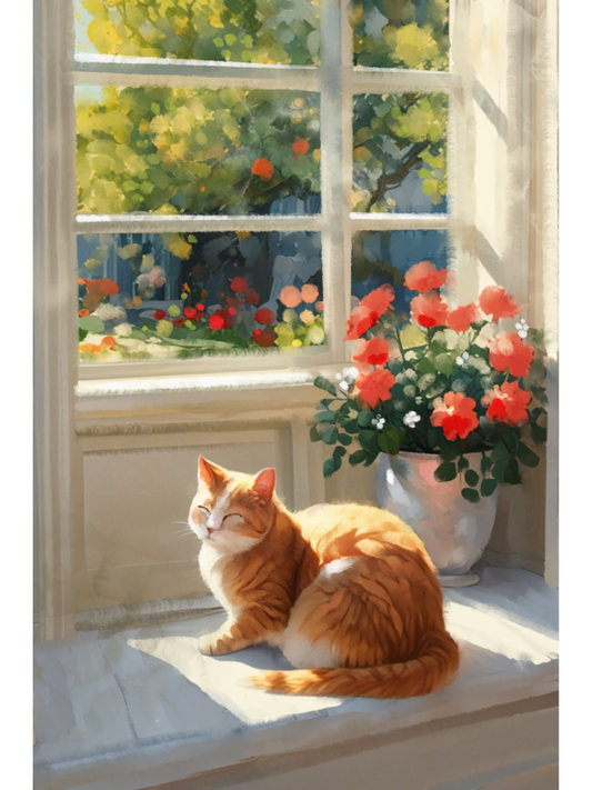 Cat sitting on a windowsill with a view of a garden and flowers.