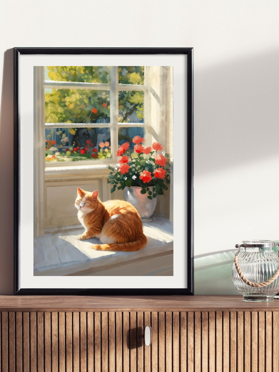 Framed artwork of a cat sitting by a window with flowers on a wooden surface.