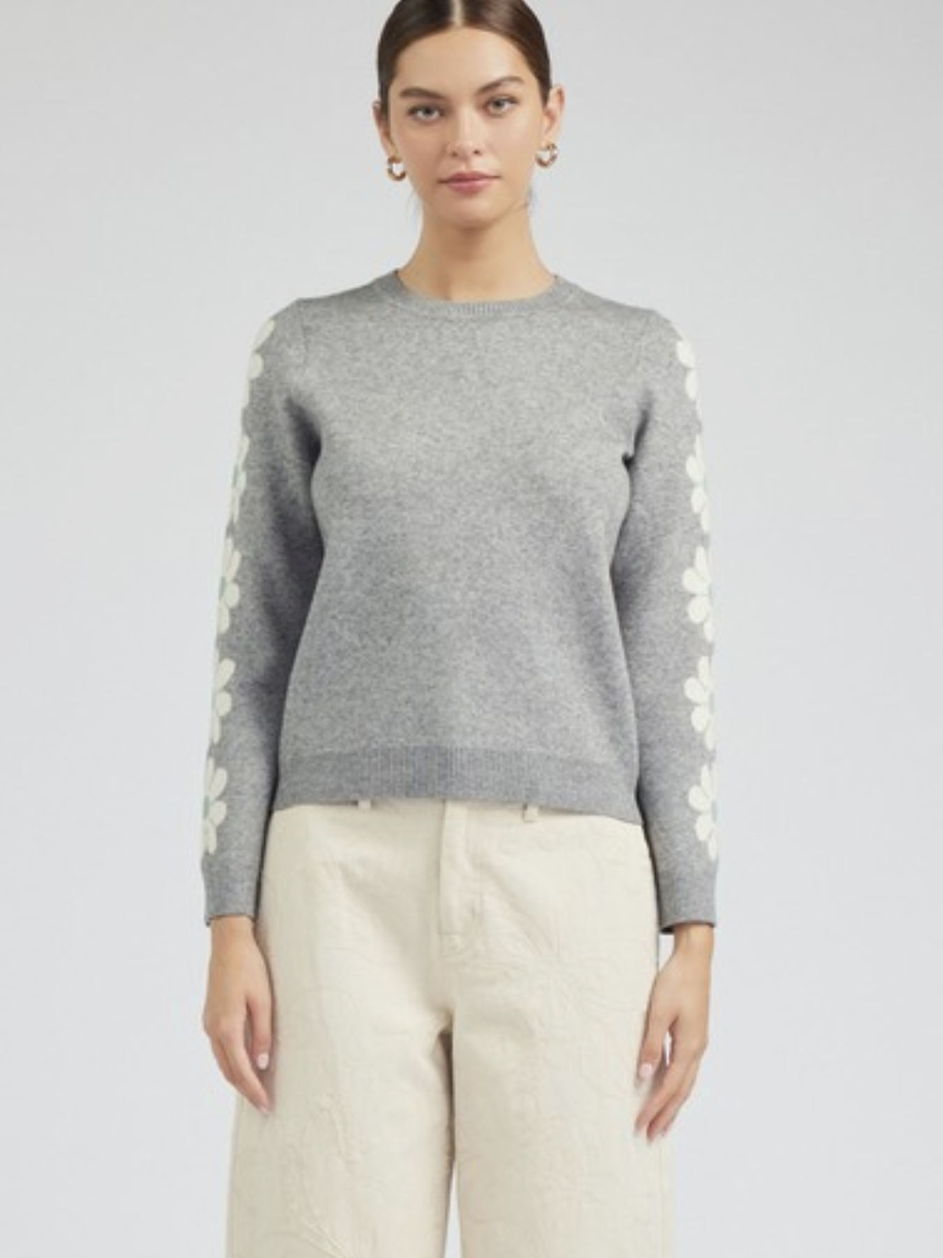 Floral Pattern Sleeve Round Neck Sweater - by Current Air®