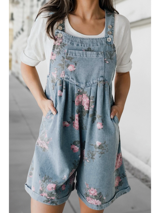 Floral Print Loose Fit Denim Romper - by Aapparella®