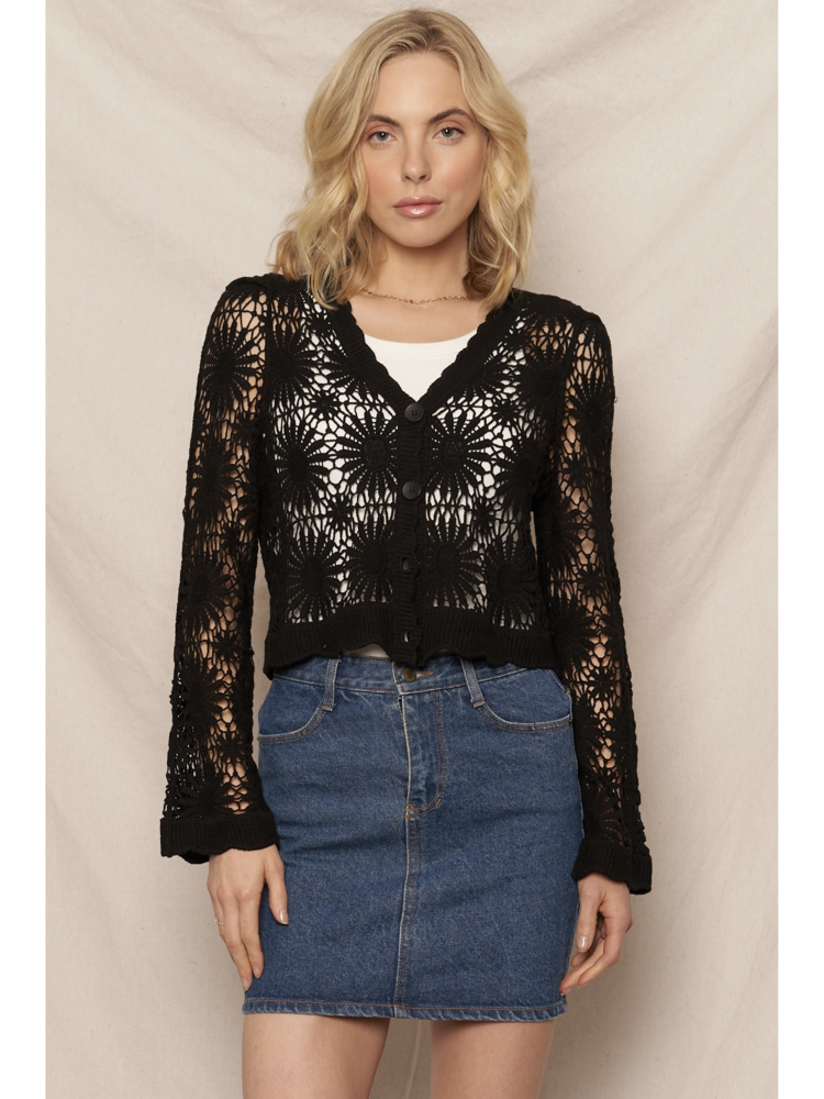 Model wearing a black open-knit crochet cardigan with a floral sunburst pattern, scalloped edges, and long lace sleeves.
