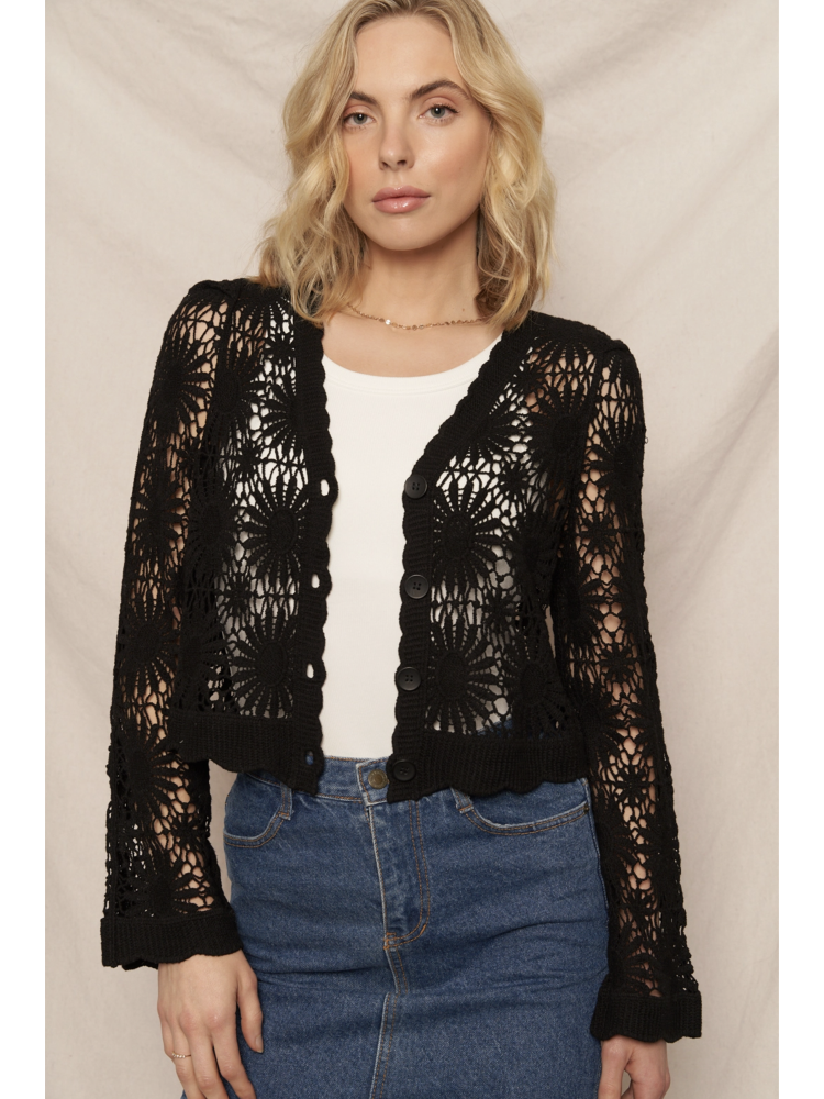 Model wearing a black open-knit crochet cardigan with a floral sunburst pattern, scalloped edges, and long lace sleeves.