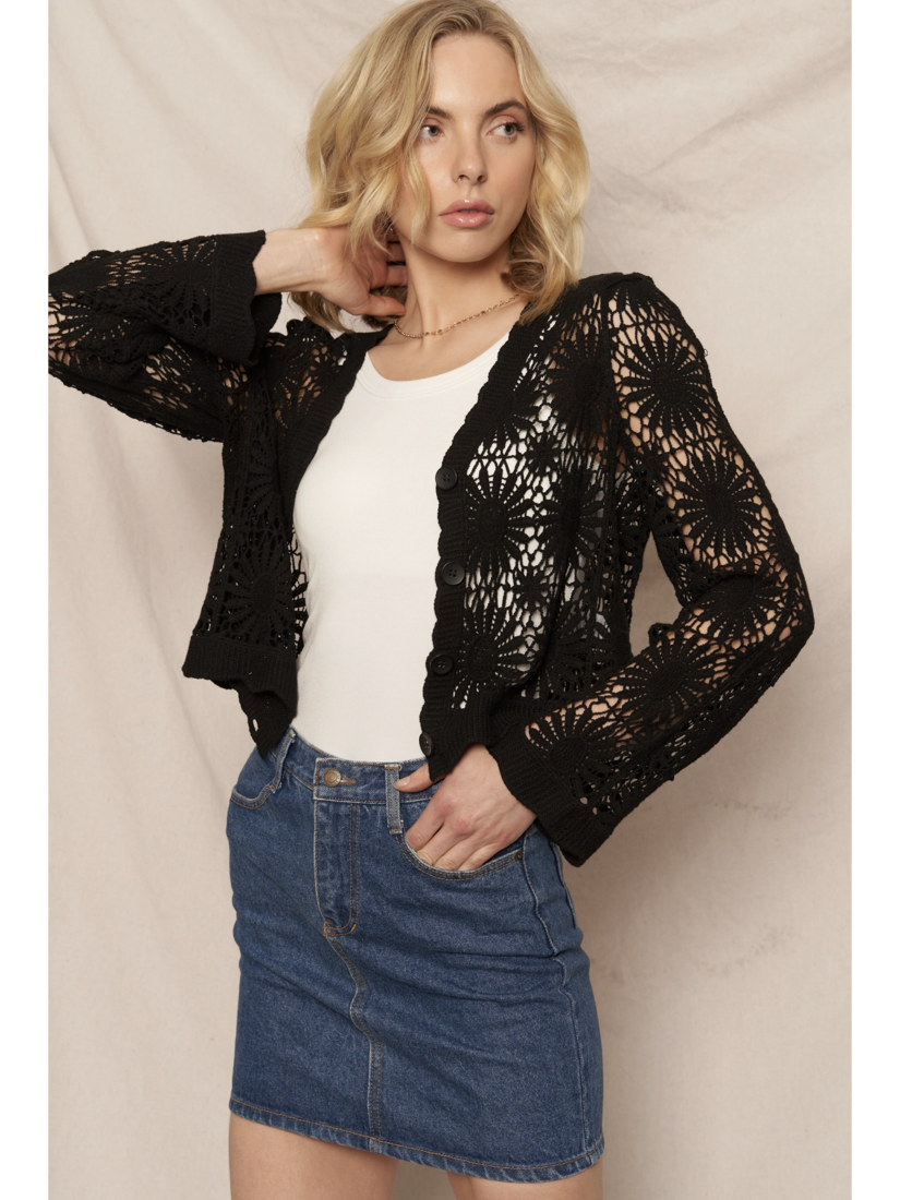 Model wearing a black open-knit crochet cardigan with a floral sunburst pattern, scalloped edges, and long lace sleeves.
