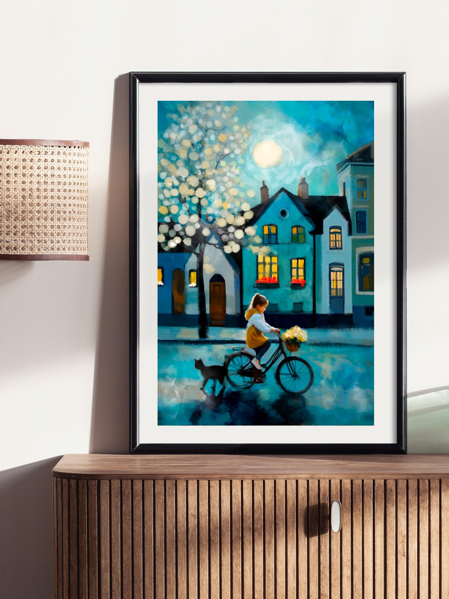 A girl on a bike with yellow flowers and a black cat on a moonlit street with blue houses. Painterly, whimsical art style.