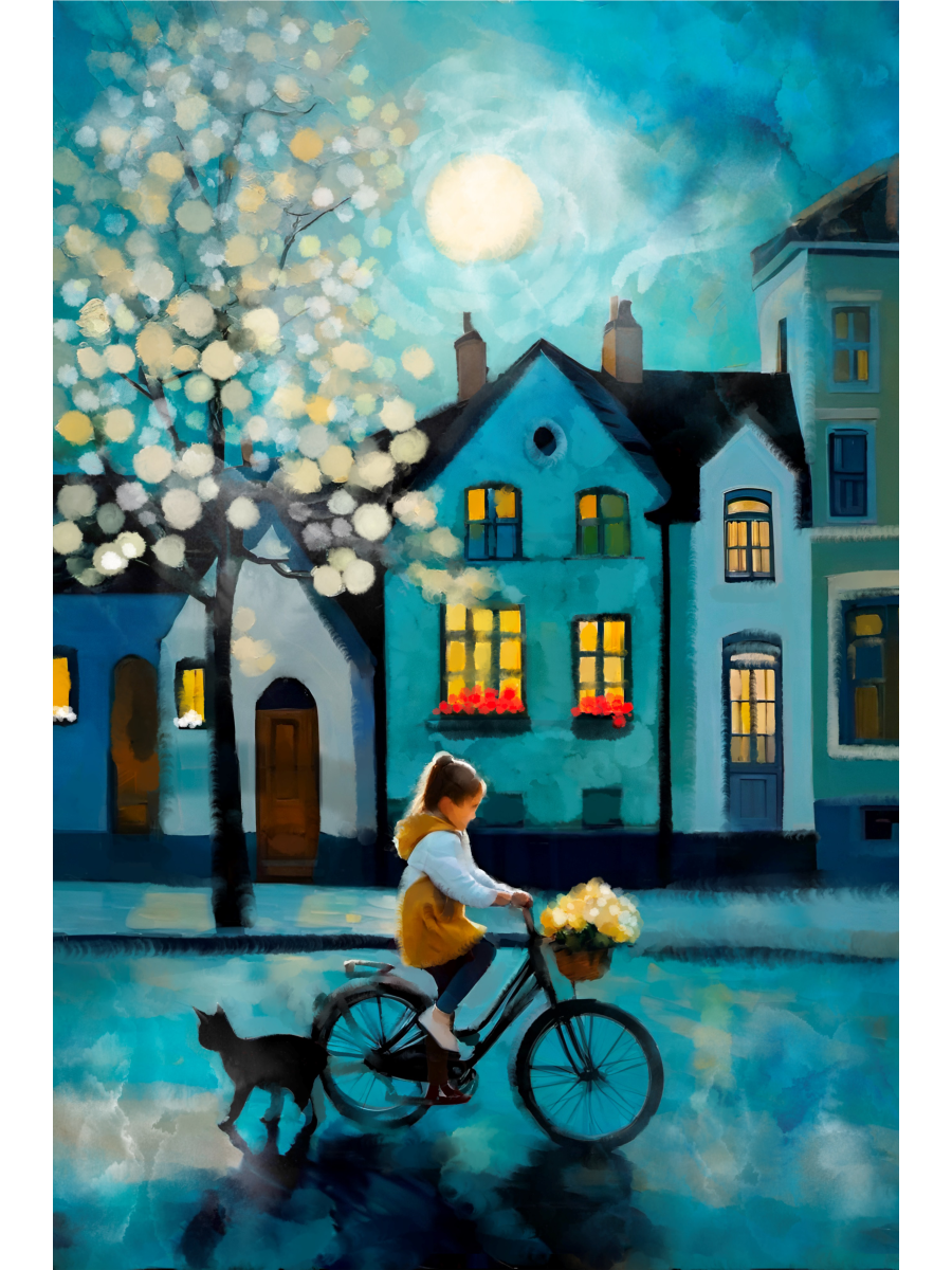 A girl on a bike with yellow flowers and a black cat on a moonlit street with blue houses. Painterly, whimsical art style.