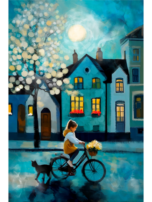 A girl on a bike with yellow flowers and a black cat on a moonlit street with blue houses. Painterly, whimsical art style.
