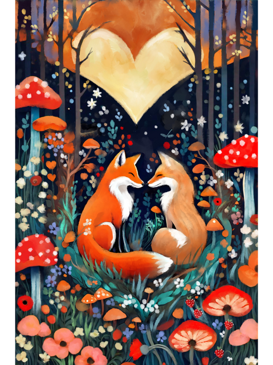 Whimsical art of two foxes nuzzling in a forest of red mushrooms and flowers under a large, glowing heart-shaped moon.