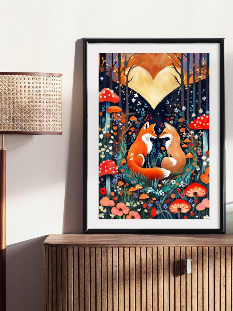 Framed mockup of Whimsical art of two foxes nuzzling in a forest of red mushrooms and flowers under a large, glowing heart-shaped moon.