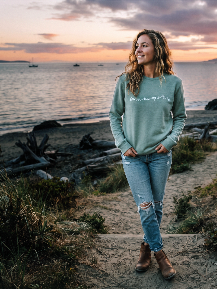 Forever Chasing Sunsets Graphic Sweatshirt (Dark Sage color) - by OAT COLLECTIVE®