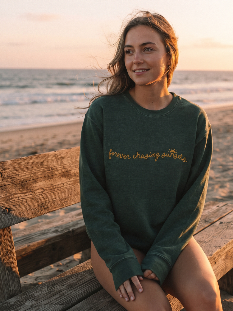 Forever Chasing Sunsets Mineral Graphic Sweatshirt (Dusty Forest color) - by OAT COLLECTIVE®