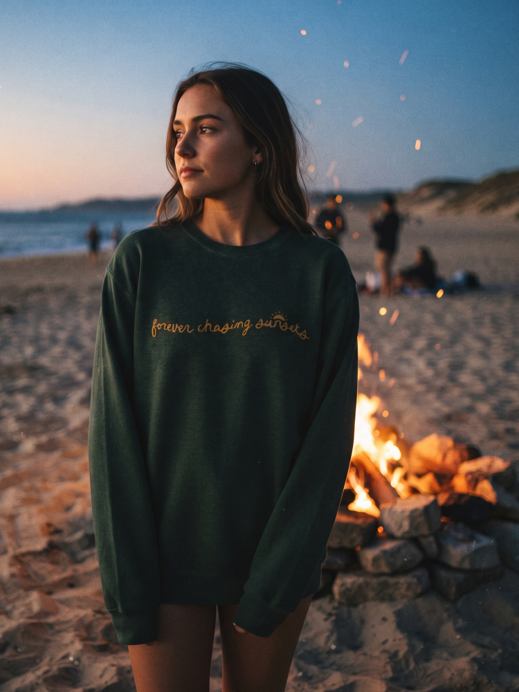 Forever Chasing Sunsets Mineral Graphic Sweatshirt (Dusty Forest color) - by OAT COLLECTIVE®