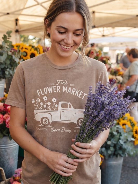 Fresh Flower Market Mineral Washed Graphic T-Shirt (Toast color) - by OAT COLLECTIVE®