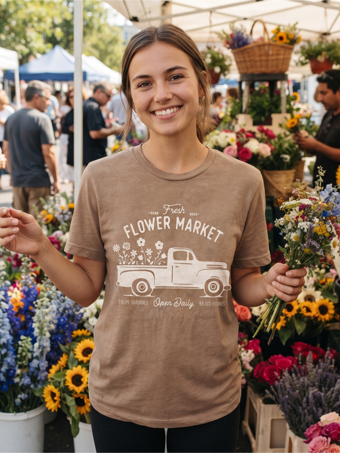 Fresh Flower Market Mineral Washed Graphic T-Shirt (Toast color) - by OAT COLLECTIVE®