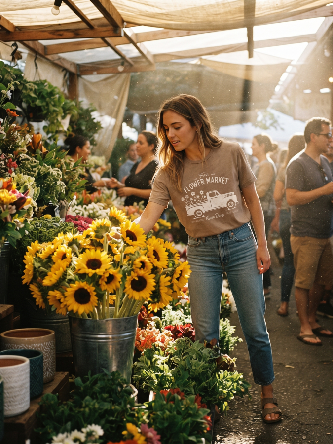 Fresh Flower Market Mineral Washed Graphic T-Shirt (Toast color) - by OAT COLLECTIVE®