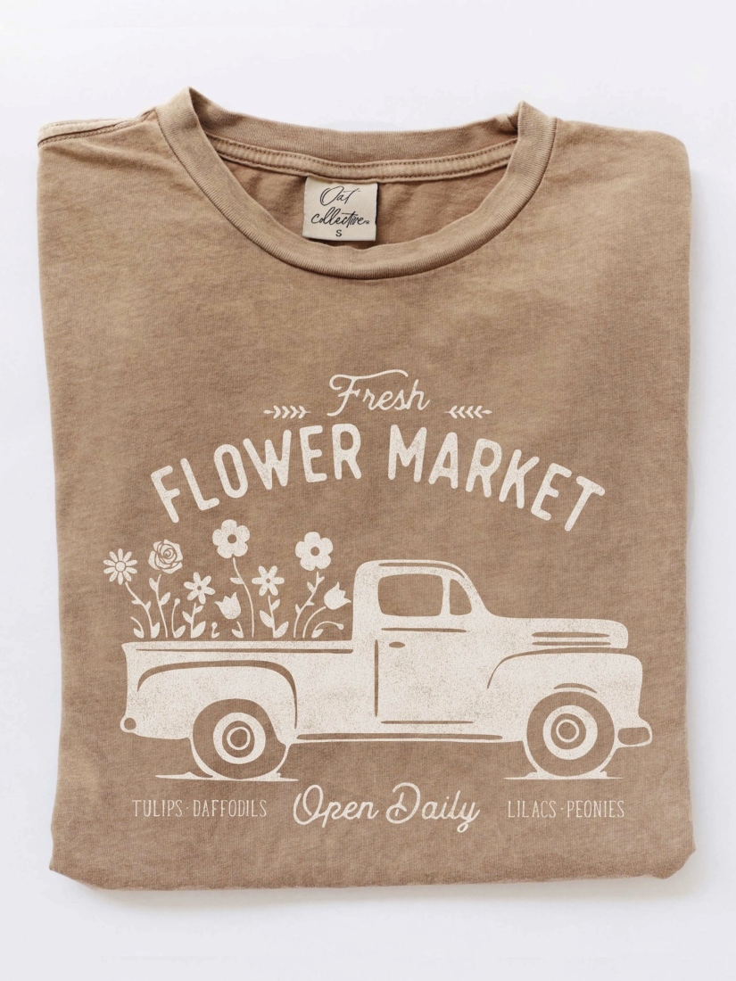 Fresh Flower Market Mineral Washed Graphic T-Shirt (Toast color) - by OAT COLLECTIVE®