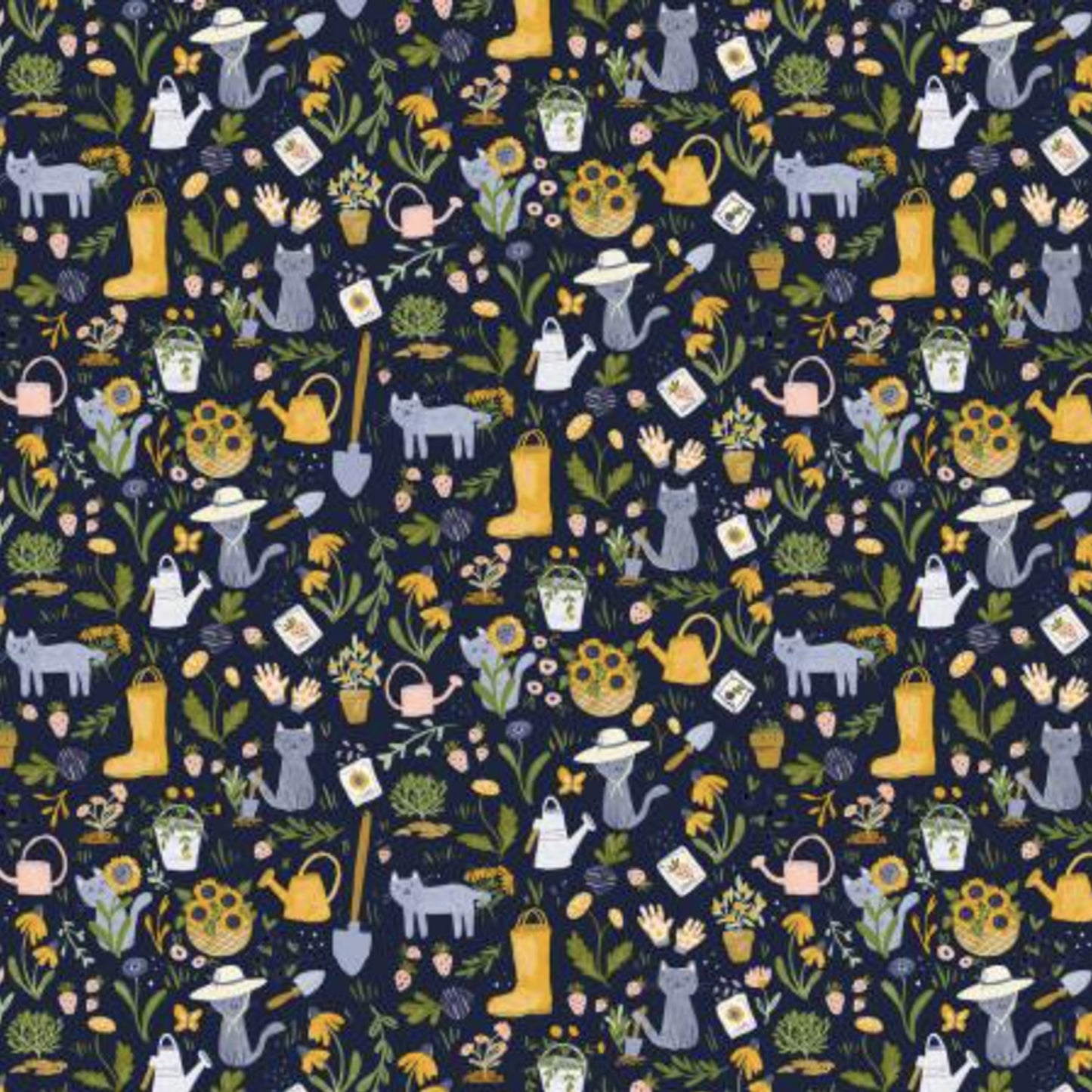 Whimsical watercolor fabric pattern with white and calico cats playing among purple, blue, and coral wildflowers on a navy background.
