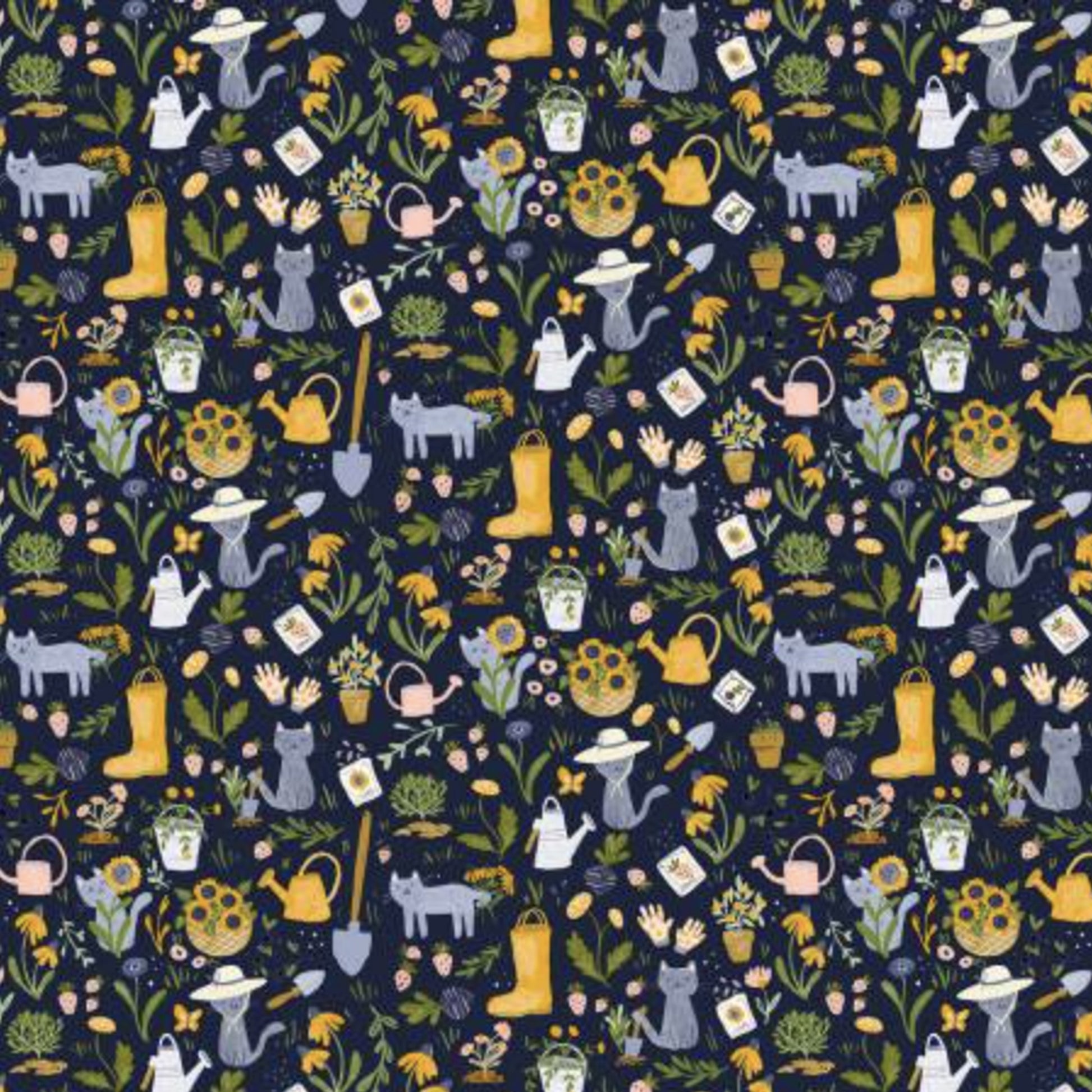 Whimsical watercolor fabric pattern with white and calico cats playing among purple, blue, and coral wildflowers on a navy background.