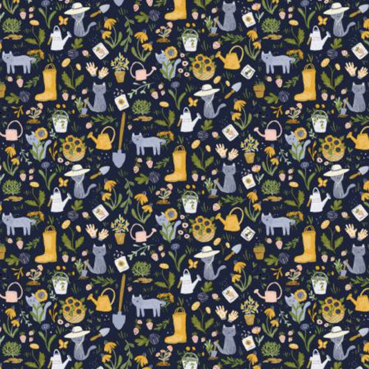 Whimsical watercolor fabric pattern with white and calico cats playing among purple, blue, and coral wildflowers on a navy background.