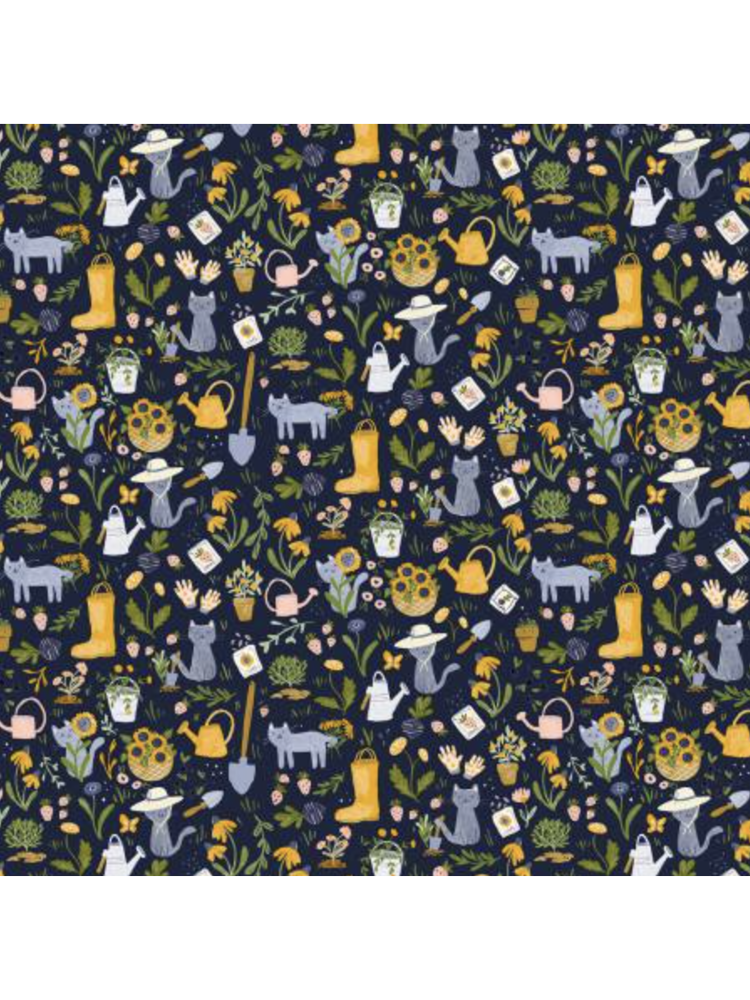 Whimsical watercolor fabric pattern with white and calico cats playing among purple, blue, and coral wildflowers on a navy background.