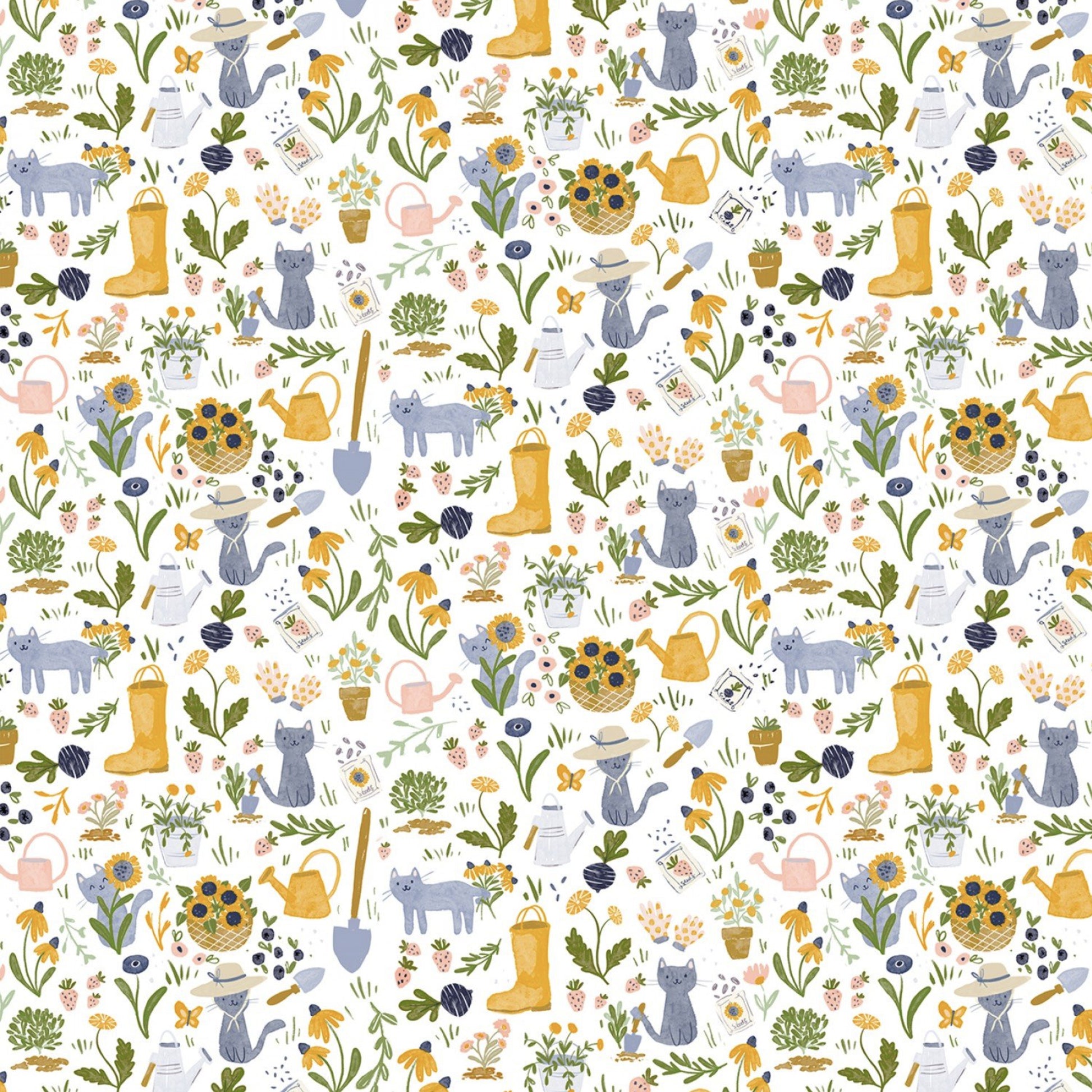 Whimsical watercolor fabric pattern with white and calico cats playing among purple, blue, and coral wildflowers on a white background.